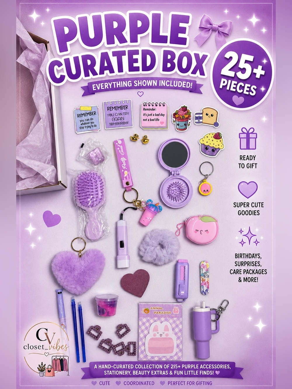Purple Lavender Curated Deluxe Gift Box 💜 25+ Kawaii Accessories & Cute Goodies